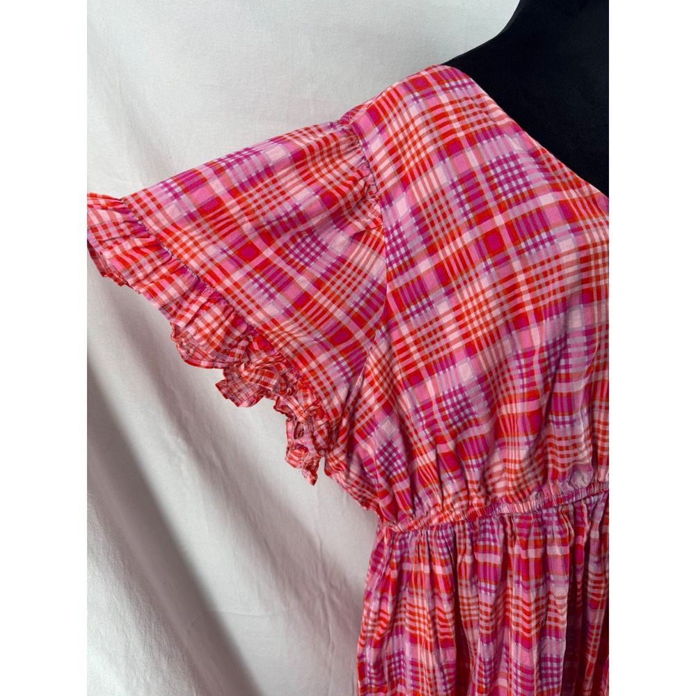 Terra & Sky Pink Orange Plaid V-Neck Flutter Sleeve Tiered Cotton Dress 24W-26W - Picture 3 of 5